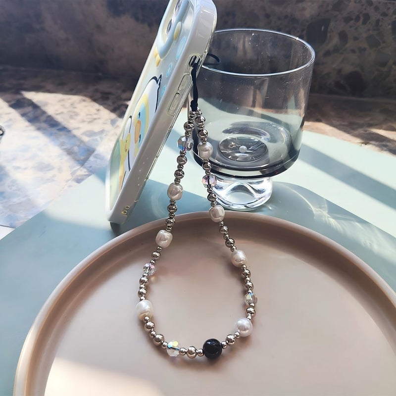WCCH Beaded Phone Charm Y2K Kawaii Handmade Acrylic Phone Lanyard Wrist Strap for Camera Bag Airpods Keychain Charm Silver White Pearl - Image 2
